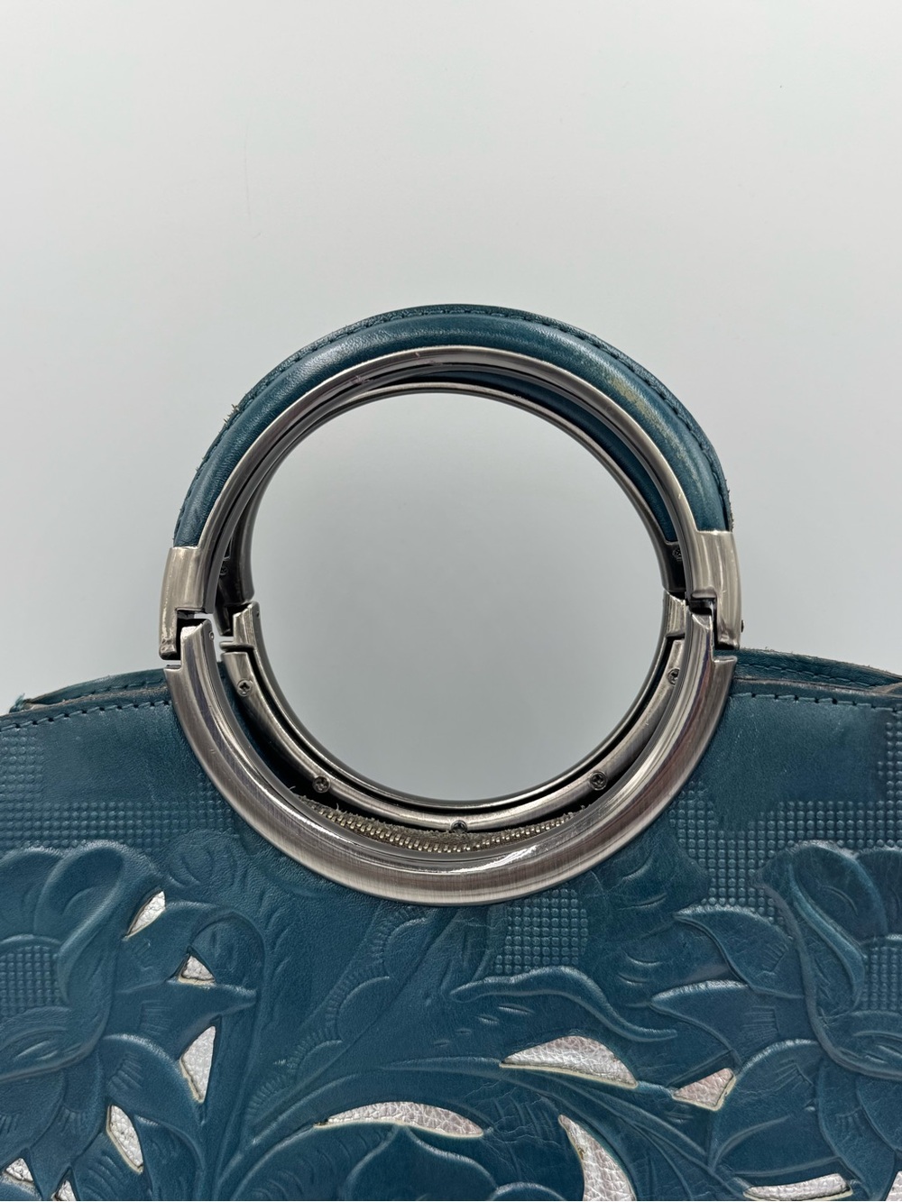 Patricia Nash Teal Floral Cutout Leather Top-Handle Satchel w/ Adjustable Strap - Picture 4 of 15
